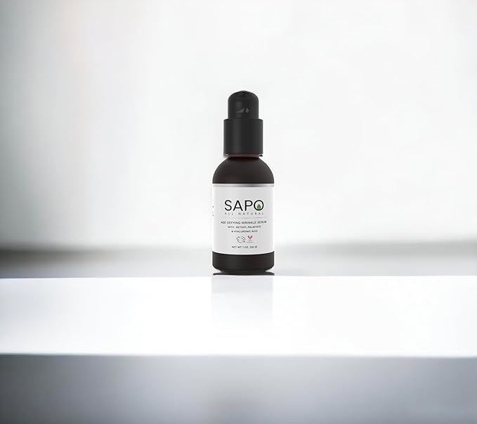 Sapo Wrinkle Serum, Bakuchiol + Retinyl Palmitate Face Serum with Peptides, Hyaluronic Acid, CoQ10 & Chamomile - Smooth, Firm & Hydrate Skin, 1 oz