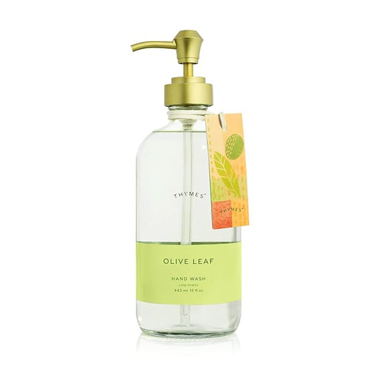 Thymes Large Hand Moisturizing Wash - Olive Leaf - Scented Liquid Hand Soap – Refillable Hand Soap Pump Bottle, Glass - 15 Fl Oz