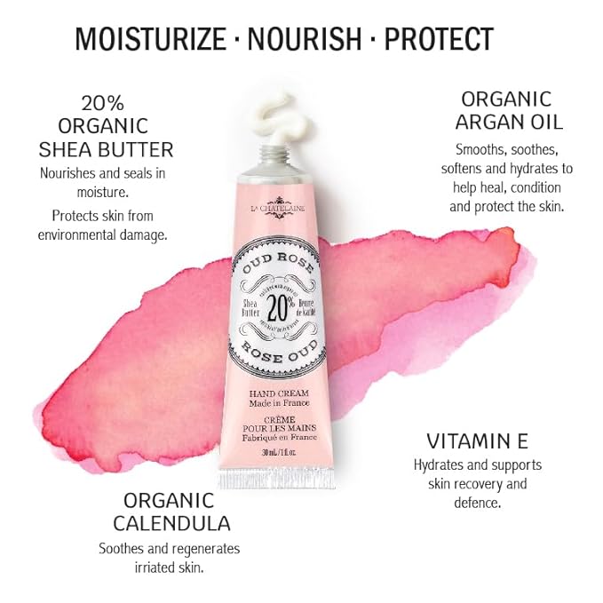 La Chatelaine Oud Rose Triple Milled Bar Soap and 20% Shea Butter Hand Cream Gift Set, Gift for Mom, Decorative Tin, Plant-Based, Natural & Organic, Made in France (7 oz. soap bar, 1 oz. hand lotion)