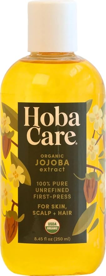 HobaCare Natural Organic Jojoba Oil for Hair, Skincare, Face, Body, Scalp, Nails, Beard Care, Skin Massage – Unrefined Carrier Oil – 100% Pure, Hexane Free, Moisturizing (8.45 oz)