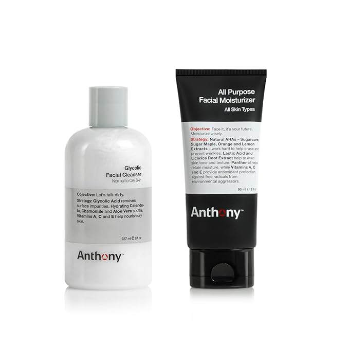 Anthony Essentials Duo Glycolic Facial Cleanser for Men and All-Purpose Facial Moisturizer - Men’s Hydrating Lotion for Dry Skin