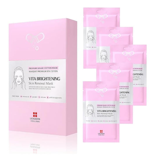 Leaders Insolution VITA Brightening Skin Renewal Mask | Vitamin C & Niacinamide for Dark Spot Reduction and Luminous Glow | 100% Natural Cotton Sheet for Dull Skin (5 Sheets)