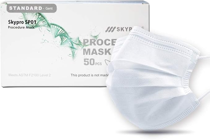 SkyPro 50PCS Medical Grade Procedure Masks, Adult 3 Ply Disposable Hypoallergenic White Face Masks with Elastic Ear Loop Filter Efficiency Greater than 99% Breathable for Hospital