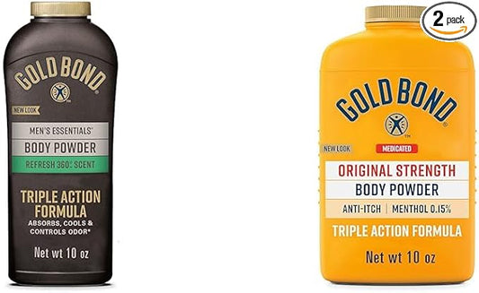 Gold Bond Men's Essentials Talc-Free Body Powder 10 oz. Refresh 360 Scent and Medicated Original Strength Body Powder 10 oz. Talc-Free Anti-Itch
