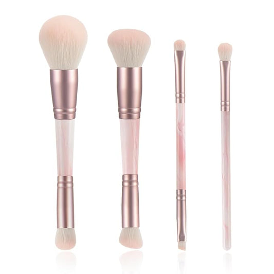 4PCS Pink Dual-Ended Makeup Brushes Set, Soft Synthetic Fiber Foundation Concealer Blending Eyeshadow Kabuki Brush, Travel-Friendly with Pouch, Vegan & Cruelty-Free