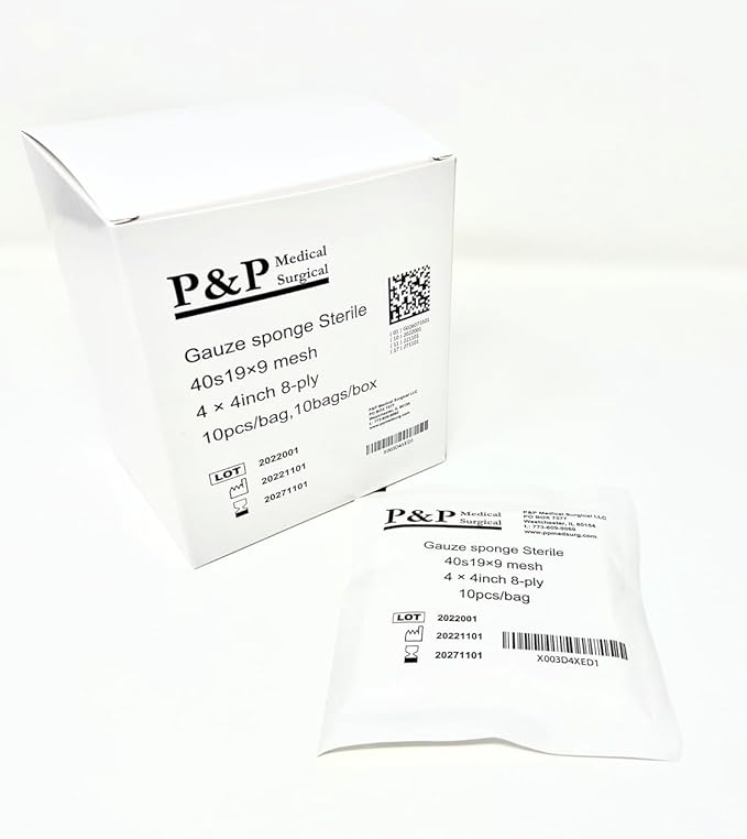 Gauze Surgical Sponges Cotton STERILE Woven 8-ply High Grade Quality 4"x4" Class I(a) All Purpose Pads by P&P MEDICAL SURGICAL Pack of 100