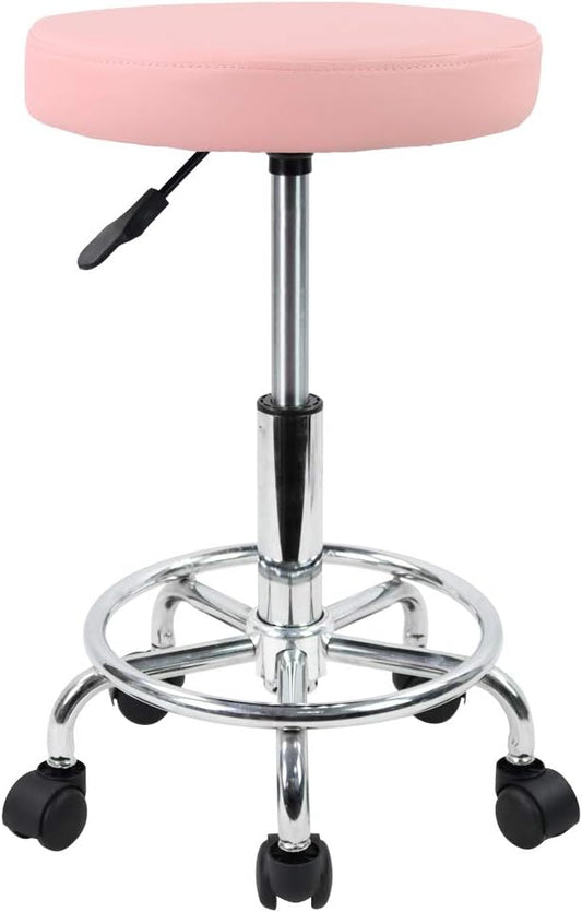 KKTONER PU Leather Round Rolling Stool with Foot Rest Swivel Height Adjustment Spa Drafting Salon Tattoo Work Office Massage Stools Task Chair Cushion 14 inches(Pink)