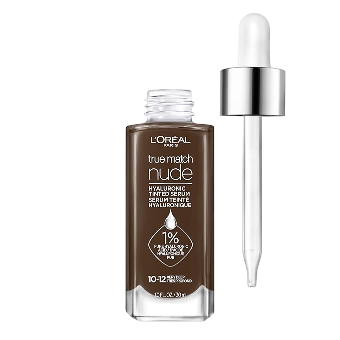 L'Oreal Paris True Match Nude Hyaluronic Tinted Serum Foundation with 1% Hyaluronic acid, Very Deep 10-12, 1 fl. oz.
