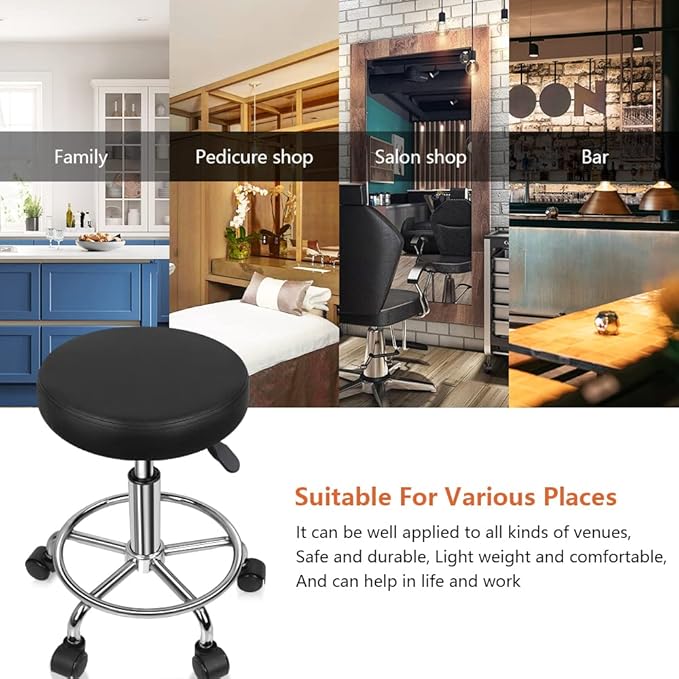 KKTONER PU Leather Round Rolling Stool with Foot Rest Swivel Height Adjustment Spa Drafting Salon Tattoo Work Office Massage Stools Task Chair Cushion 14 inches (Black)