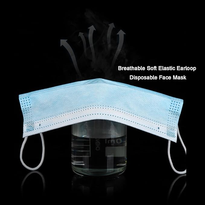 Disposable Face Masks, 3-Ply Breathable Dust Protection for Daily Use, Comfortable Elastic Earloops, Blue, 100-Pack