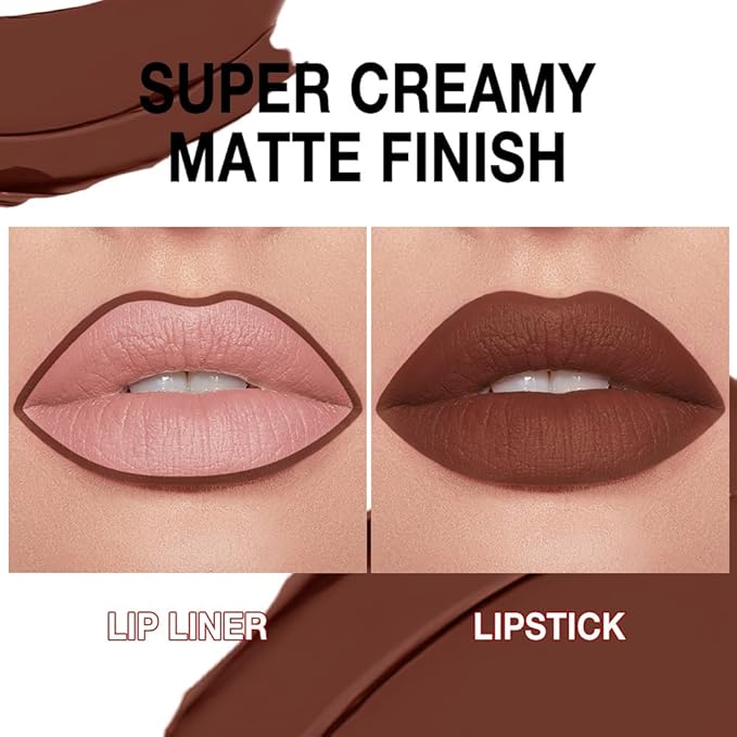 evpct Dark Brown Gradient Matte Lipstick Lip Liner Crayon Combo Pencil Set for Women Long Lasting Waterproof, Cocoa Brown Matte Cream Lip Liner and Lipstick Combo Makeup, Flawless Gradual Ombre Effect