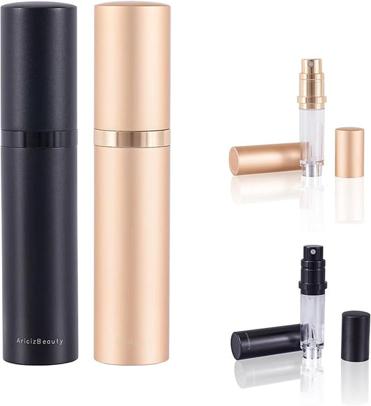 Travel Refillable Perfume Fragrance Atomizer 0.17fl.oz/5ml. Cologne Pocket Recyclable Portable Sprayer Bottle. Mini Scent Pump Case Dispenser Perfume Container (GOLD + BLACK)