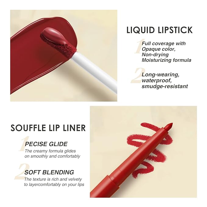 BestLand 6Pcs Matte Liquid Lipstick & Lip Liner Set – Waterproof, Long-Lasting Nude Lip Stain Makeup Kit, Velvety Texture, Gift Set (Vintage Charm Lip Set)