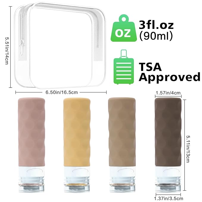 Travel Bottles for Toiletries, 4pcs Tsa Approved 3oz Travel Size Containers, BPA Free Leak Proof Premium Silicone Bottles, Refillable Liquid Squeezable Accessories W/Toiletry Bag（Apricot）