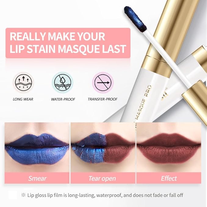 2Pcs Matte Lip Stain Wipe Off Masque - Peel Off Lip Stain Tattoo, All Day Peel Off Lip Tint,Long Lasting Lip Mask,Waterproof Transfer-proof Lip Liner Peel Off Lip Gloss,Stay Lip Makeup 03+08