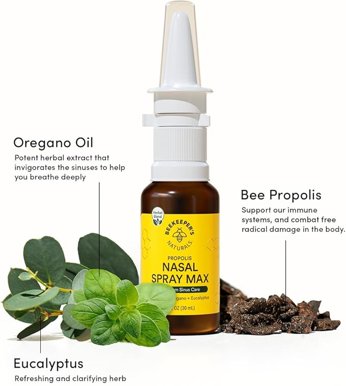 Beekeeper's Naturals Propolis Nasal Rinse Spray Max, Relief for Adults w/Eucalyptus, Oregano & Saline, Clears Nasal Congestion, Moisturizes Sinus Canal, & Decongest Sinus Cavities, 1 fl oz