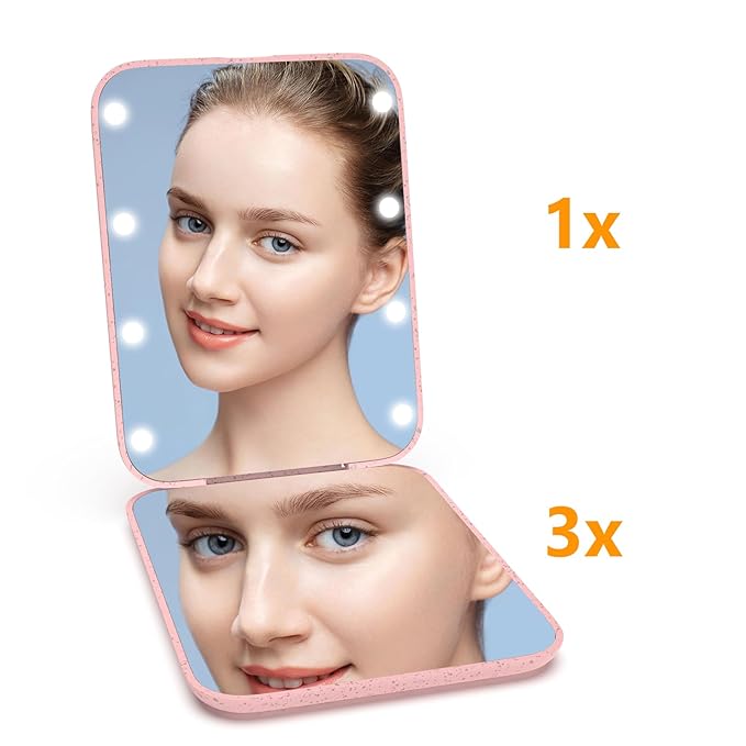 Kintion Wheat Straw Pocket Mirror, 1X/3X Magnification Travel Mirror for Purse, Lighted Plastic Fiber Mirror, Folding Handheld Mirror, Small Lighted Compact Mirror for Gift, Pink