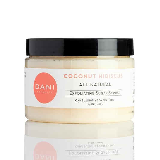 DANI Naturals Exfoliating Sugar Scrub - Coconut Hibiscus, made with organic cane sugar and shea butter, gently exfoliates and deeply hydrates for smooth, radiant skin – 14 oz