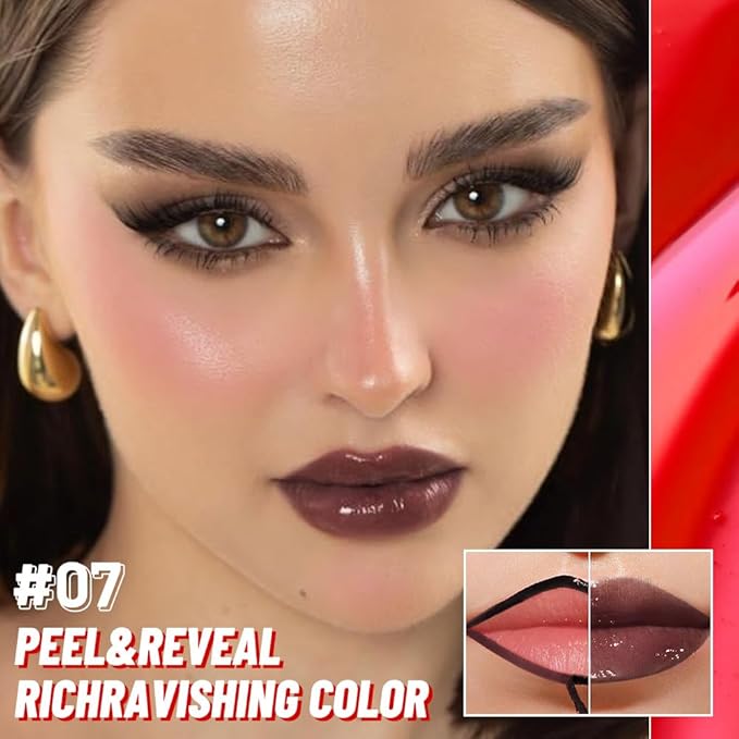 Maroon Peel off Lip Stain Lip Oil Dual Ended Combo Set with Tweezer, 2 in 1 Lips Liner Stain Oil Long Lasting Waterproof, High Pigmented Flawless Lips Tint Stick Not Faded Vegan & Cruelty-free