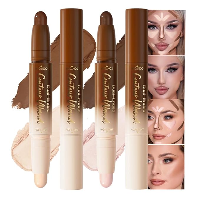 2Pcs Cream Contour Stick Face Body Makeup Dual Ended, Nuetral Nude Beige & Darker Nude Pink no Transfer Waterproof 2 in 1 Cream Concealer Stick Contouring Makeup Set, Face Nose Contour Bronzer Sticks