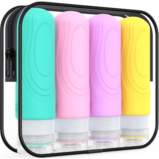 GLAMFIELDS Travel Bottles for Toiletries, 3oz Size TSA Approved Leak Proof Silicone Containers for Shampoo, Conditioner,Easy to Squeeze and Portable, Essentials for Traveling (4 Pack) Macaron