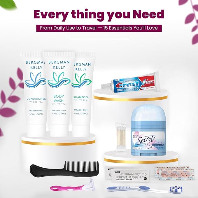 Trektote Bulk Hygiene Kit For Women – (25 Pack) 12 Piece Set Of Travel Size Toiletries, TSA Compliant, Bulk Travel Essentials, Includes Shampoo And Conditioner, Body Wash, Toiletry Bag & More