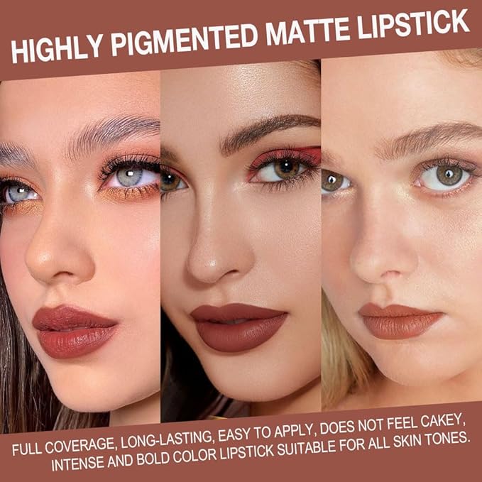 evpct 3Pcs Red Reddish Nude Brown Gradient Matte Lipstick Lip Liner Crayon Combo Pencil Set for Women Long Lasting Waterproof, Cream Lip Liner and Lipstick Combo Makeup，Flawless Gradual Ombre Effect