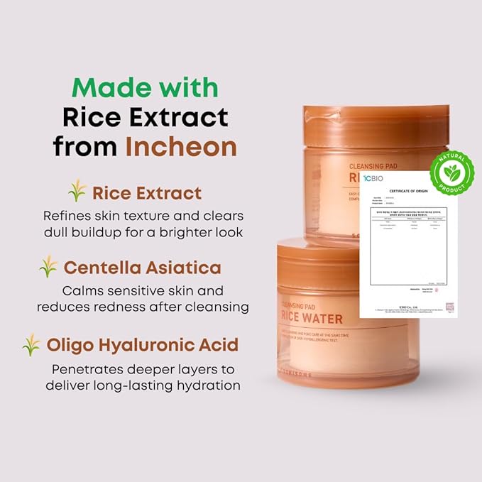 Rice Water Cleansing Pads – Makeup Remover Wipes & Korean Toner Pads with Centella Asiatica, Exfoliating for Blackhead Removal & Pore Minimizer, 50 Pad