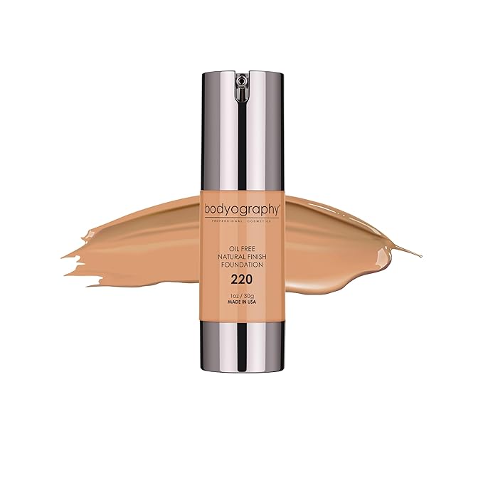 BODYOGRAPHY Natural Finish Foundation (Medium/Dark/Cool #220) | Oil-Free, Anti-Aging Salon Foundation with Vitamin E & C | Photo-Ready, Skin-Perfecting Coverage | Vegan, Gluten-Free, Paraben-Free