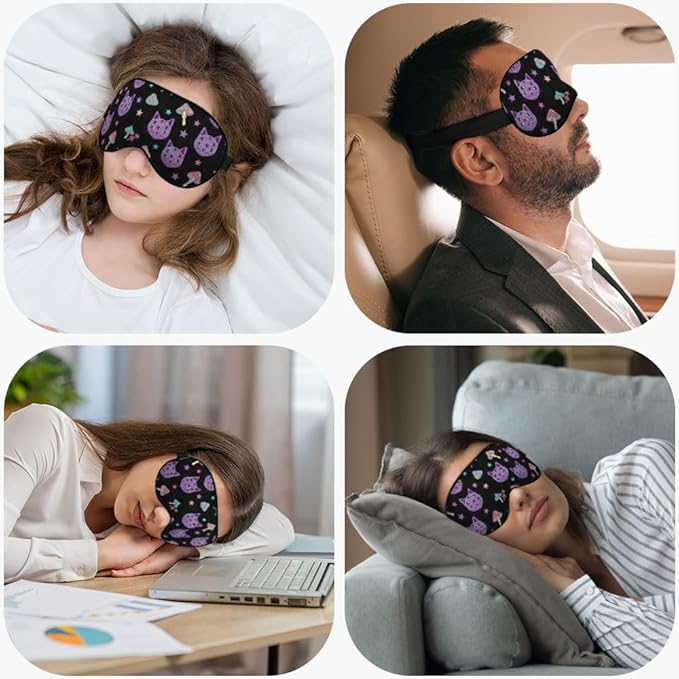 Cat Mushrooms Silk Eye Mask Sleep Mask Bright Psychedelic Cat Halloween Black Eye Mask with Adjustable Strap Lightweight for Women Work Travel Night Sleep