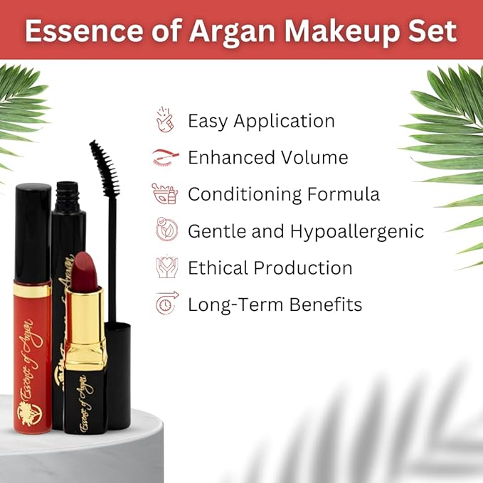 Essence of Argan Moisturizing Lipstick, Nourishing Lip Gloss & Lash Conditioner Mascara with 100% Pure Organic ECOCert Argan Oil - Voluptuous Sexy Lips & Longer Stronger Lashes Makeup Set