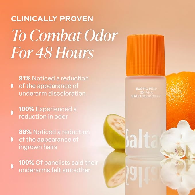 Saltair Serum Deodorant Exotic Pulp 2 Pack. 5% AHA Formula. Lactic Acid and Mandelic Acid Deodorant. Aluminum Free Odor Control for Women and Men. Travel Essentials, 2x 1.7oz Roll On