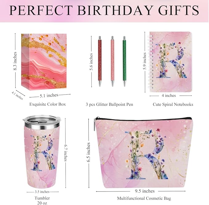 Personalized Gifts Monogrammed Birthday Gifts for Women, New Mom, Grandma Thank You Christmas, Initial 20 oz Tumbler, Makeup Cosmetic Bag Cup Pens Journal Notebook 6 Set, (Aesthetic Pink Flower R)