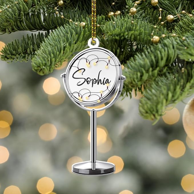 Personalized Name Makeup Mirror Shape Acrylic Flat Ornament, Makeup Ornament, Girl Makeup Artist Christmas Ornament, Makeup Stylist Ornament 106