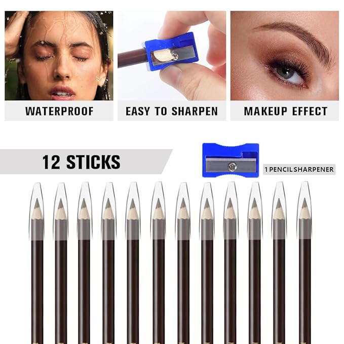 12Pcs Eyebrow Pencils for Women,Wooden Hard-Core Medium Brown Eyebrow and Eyeliner Pencil,Long Lasting Waterproof and Sweat-Proof,Beginner Makeup Brow Pencil,Create a Natural Eye Brow Makeup,Vegan