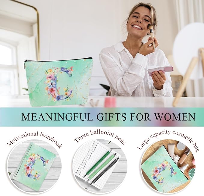 Personalized Gifts Monogrammed Birthday Gifts for Women, Cowerker Wife Sister Wedding Christmas Initial 20 oz Tumbler, Makeup Bag Cup Ballpoint Pens Journal Notebook 6 Set, (Aesthetic Green Flower C)
