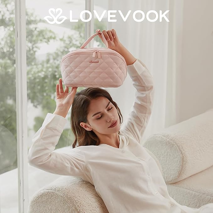 LOVEVOOK Travel Makeup Bag for Women, 2Pcs Puffer Waterproof Cosmetic Organizer, Large Capacity Pouch Open Flat Small Toiletry Bag with Brush Compartment & Handle, Portable Gift for Her, Pink