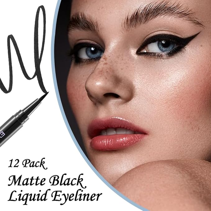 Liquid Eyeliner Set，12 Pack Matte Black Eye Liner Pen，Eye Ink Liner with Ultra-Fine Tip Makeup，Quick-Dry Eyeliner Pack，Glides on Smoothly，Smudge-Proof，Easy to Apply，Vegan Formula