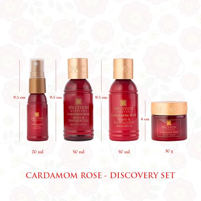 Spa Ceylon Cardamom Rose Discovery Set | Mind & Body Care Travel Size Set for All Skin Types |Body & Pillow Mist |Bath & Shower Gel | Hand & Body Lotion | Body Scrub