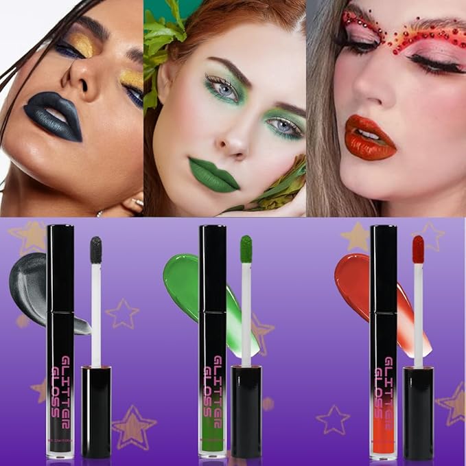 Gray Black Green Red Metallic Lipstick for Women,Glitter Sparkling Liquid Lipstick,Long Lasting Waterproof Lightweight Non-Drying Bold Dark Lip Gloss for Gothic Stage Makeup,Vegan