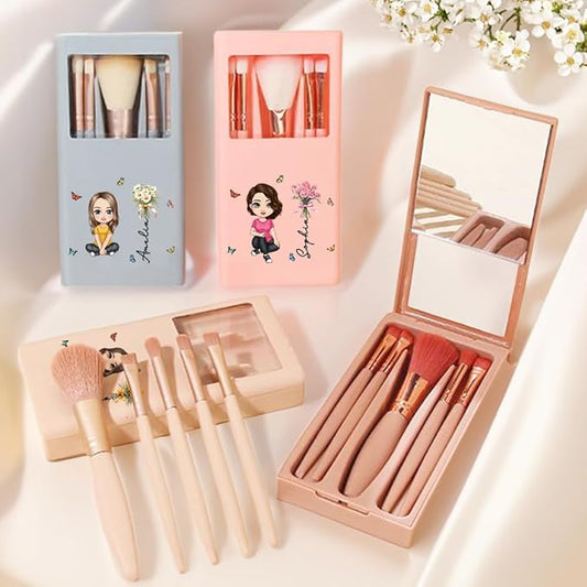 CALLIE Personalized Travel Makeup Brushes Set with Mirror | 5 Pcs | Custom Birth Flower and Name | Birthday Christmas Bridal Shower Gift for Women (Birth Flower Bouquet Name Cartoon)