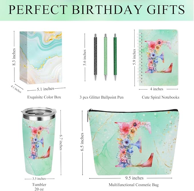 Personalized Gifts Monogrammed Birthday Gifts for Women, Daughter Bestie Friendship Christmas Initial 20 oz Tumbler, Makeup Bag Cup Ballpoint Pens Journal Notebook 6 Set, (Aesthetic Green Flower E)