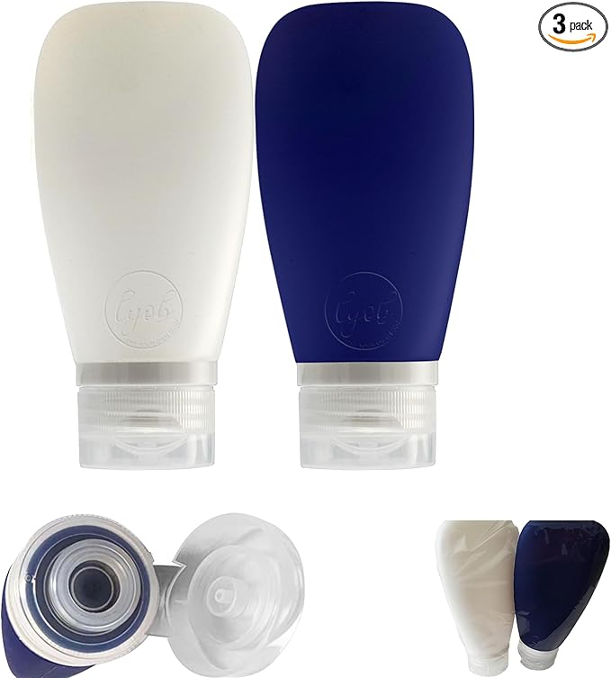Travel Bottles for Toiletries, TSA Approved 3oz Leak Proof Silicone Refillable Squeeze Travel Size Containers BPA Free for Cleansers, Lotions, Shampoo 2pk (Navy Blue-White)