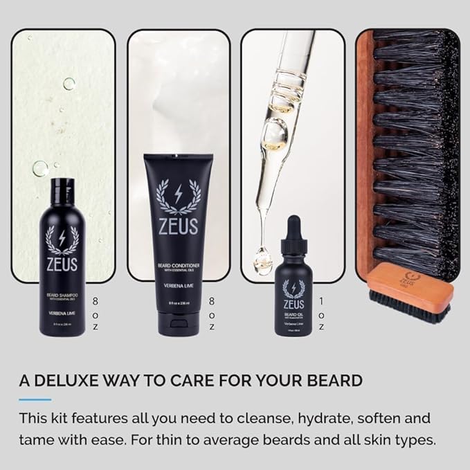 ZEUS Deluxe Men’s Beard Care Gift Set – Luxury Holiday Grooming Kit with Wash, Oil & Brush, Perfect Present for Husband, Dad or Boyfriend (Verbena Lime)
