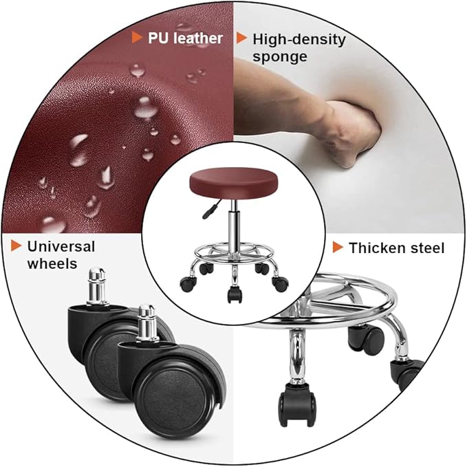 KKTONER PU Leather Round Rolling Stool with Foot Rest Swivel Height Adjustment Spa Drafting Salon Tattoo Work Office Massage Stools Task Chair Cushion 14 inches (Red)