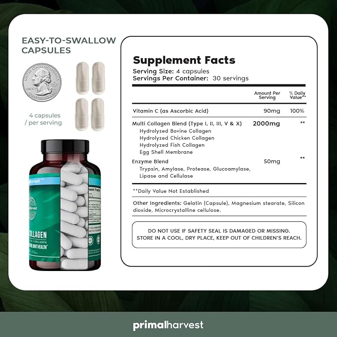 Primal Harvest Multi Collagen Pills for Women and Men (Type I, II, III, V, X) 120 Capsules w/Vitamin C for Hair, Skin, Nails