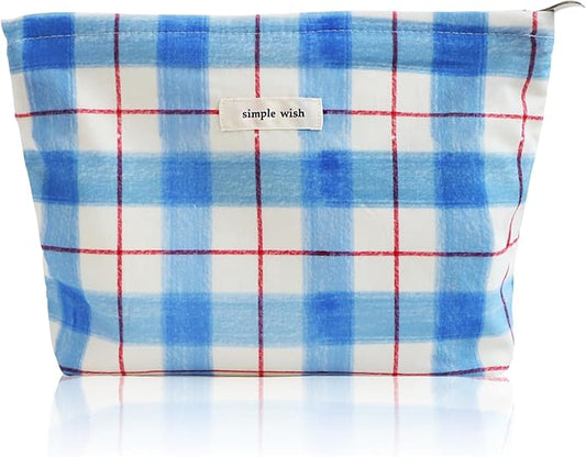 Wudygirl Makeup Bag Canvas Cosmetic Bag for Women Aesthetic Makeup Organizer Travel Makeup Pouch Toiletry Bag Pouches for Purse Cute Zipper Pouch Handbag (Blue White Line)