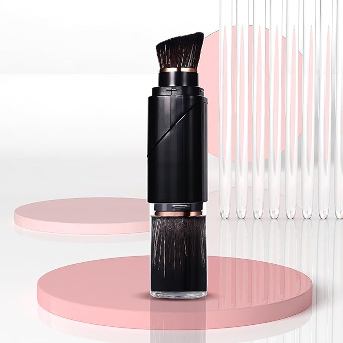 Vtrem Retractable Travel Makeup Brush: Black Kabuki Double-Ended Foundation Blush Brushes Mini Compact Face Brush with Cover Highlighter Flawless Powder Cosmetics