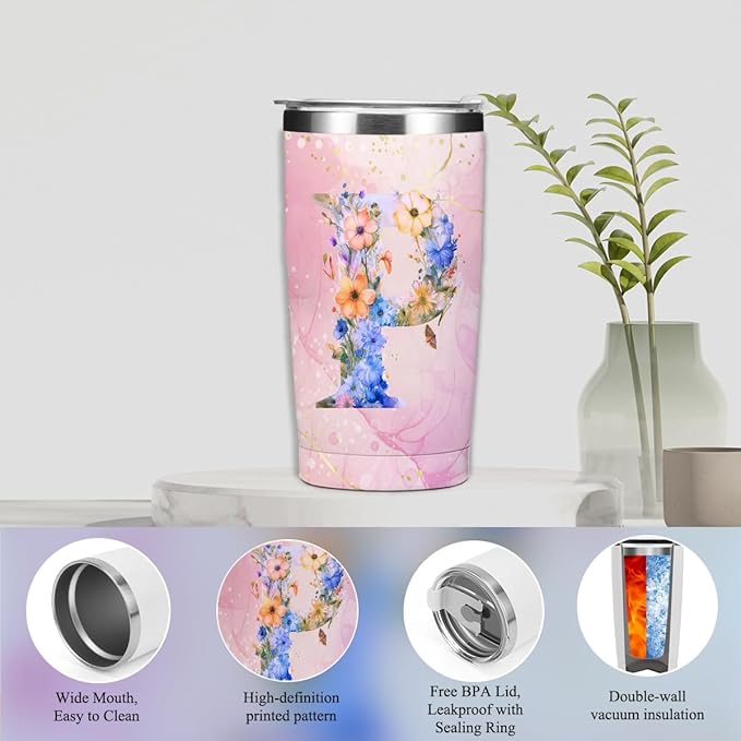 Personalized Gifts Monogrammed Birthday Gifts for Women, Mommy, Female Going Away Christmas, Initial 20 oz Tumbler, Makeup Cosmetic Bag Cup Pens Journal Notebook 6 Set, (Aesthetic Pink Flower P)