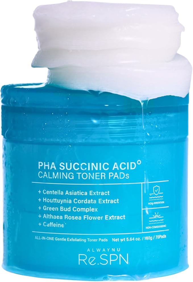 Re.SPN PHA Succinic Acid Calming Toner Pads – Daily Exfoliating, Hydrating and Soothing with CICA, Caffeine, Non-comedogenic, Vegan, Glass Skin, K-Beauty (70 Count)